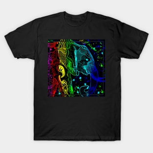 Rainbow Zentangle Elephant with Black Background T-Shirt